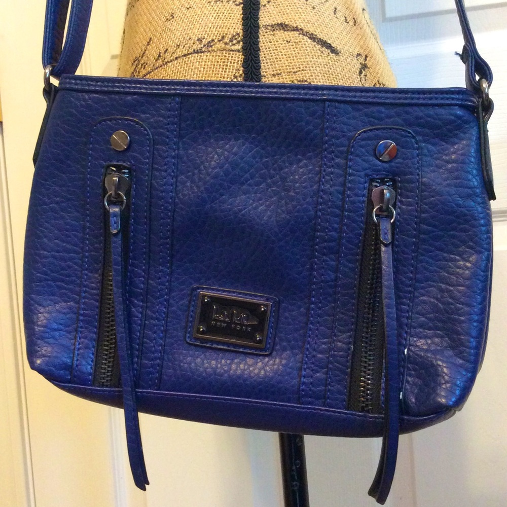 Nicole Miller NY indigo cobalt blue small polyurethane zip crossbody purse